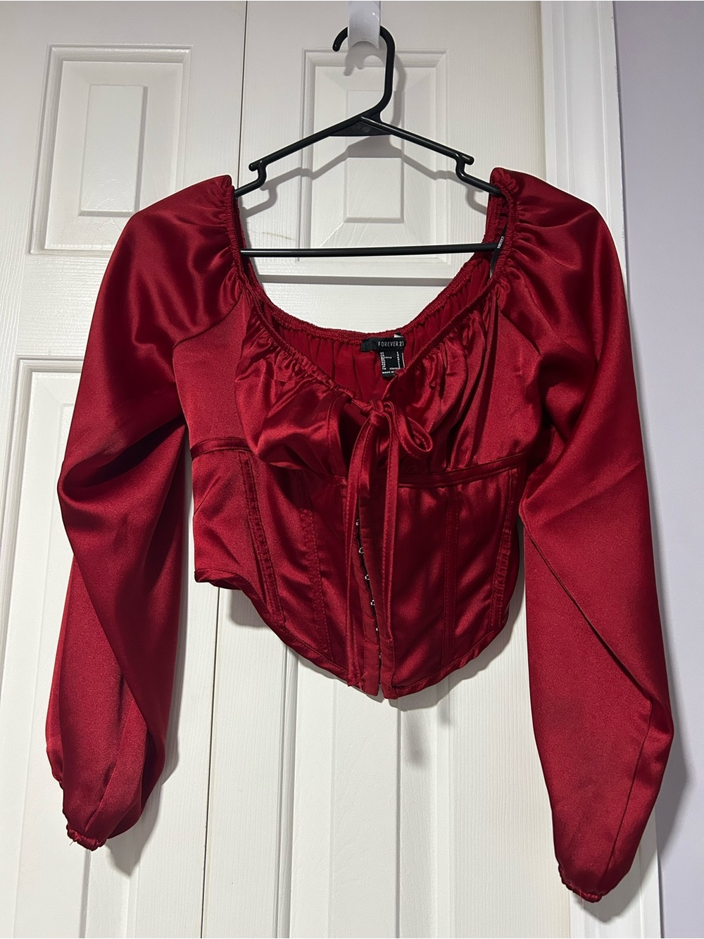 Red Satin Long Sleeve Corset Top With Tie in Front Detail